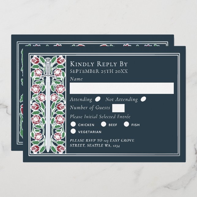 Tarjeta de respuesta de boda con espada floral med (Anverso/Reverso)