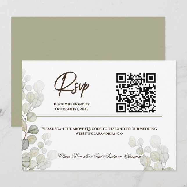 Tarjeta de respuesta de boda con eucalipto acuarel (Anverso / Reverso)