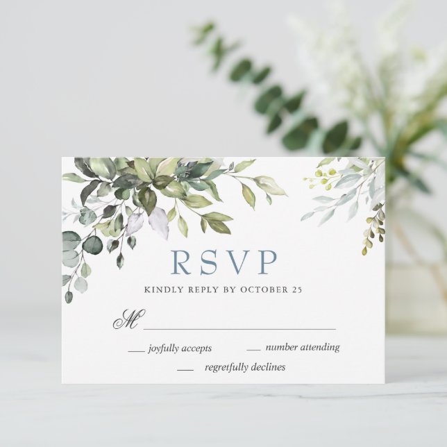 Tarjeta de respuesta de boda con eucalipto en acua (Anverso de pie)