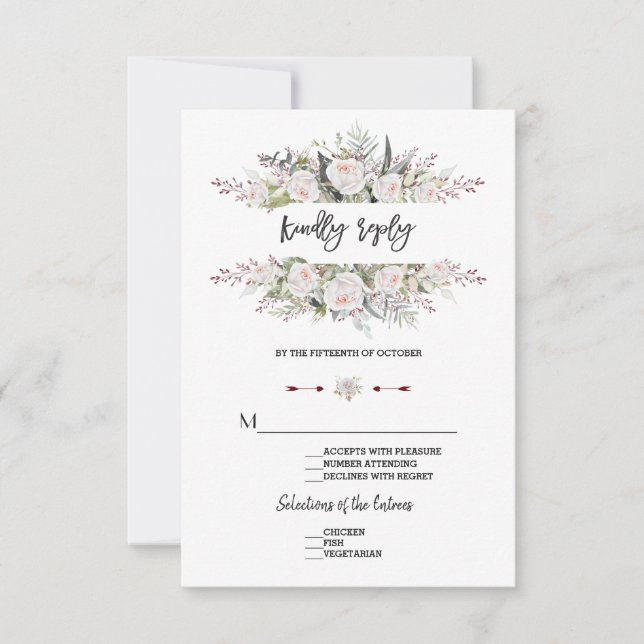 Tarjeta de respuesta de boda con flores blancas en (Anverso)