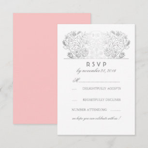 Tarjeta de respuesta de boda con flores plateadas