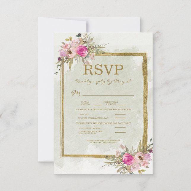 Tarjeta de respuesta de boda con flores rosadas y  (Anverso)