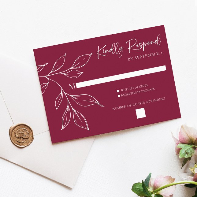 Tarjeta de respuesta de boda con follaje dibujado  (Cranberry Hand Drawn Foliage Wedding RSVP Response Card)