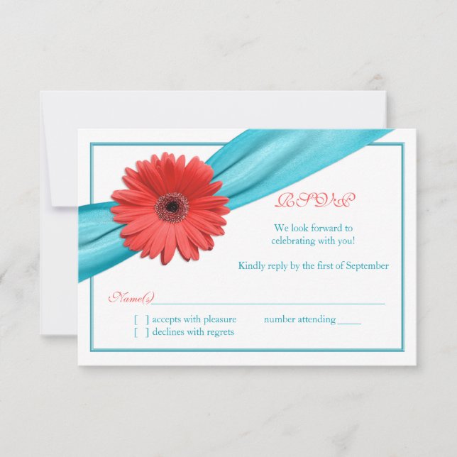 Tarjeta de respuesta de boda con gerbera de coral  (Anverso)