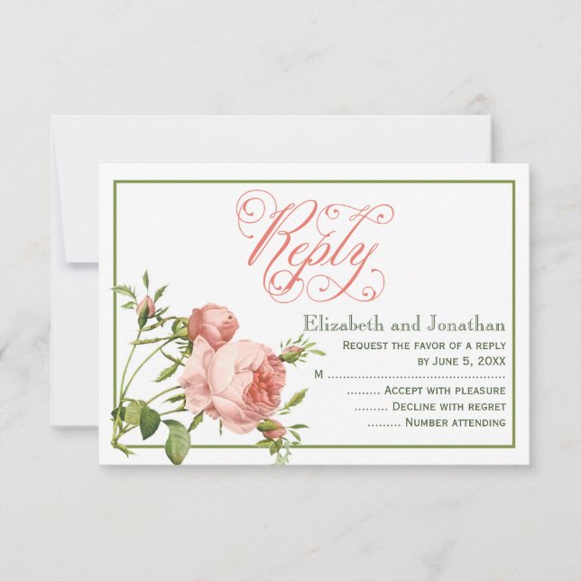 Tarjeta de respuesta de boda con guión de rosa de  (Anverso)