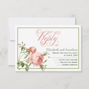 Tarjeta de respuesta de boda con guión de rosa de