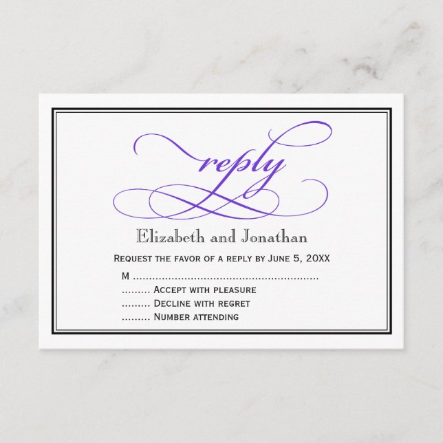 Tarjeta de respuesta de boda con guión morado y bl (Anverso)