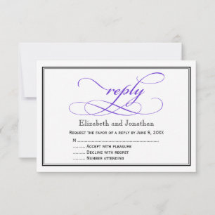 Tarjeta de respuesta de boda con guión morado y bl