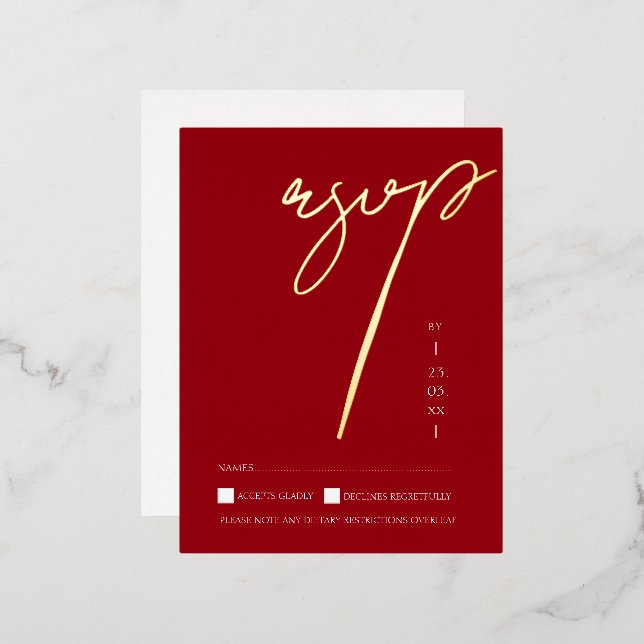 Tarjeta de respuesta de boda con guion rojo simple (Anverso/Reverso)