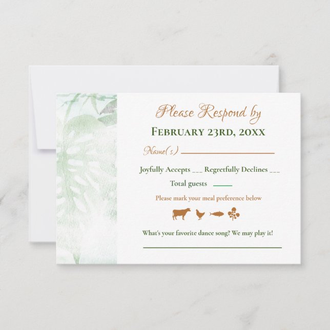 Tarjeta de respuesta de boda con hojas de Monstera (Anverso)