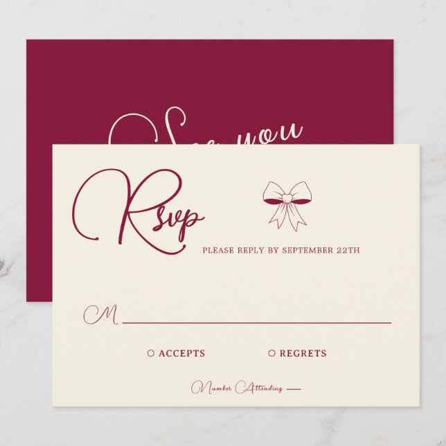 Tarjeta de respuesta de boda con lazo de crema de  (Anverso / Reverso)