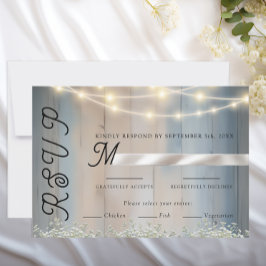 Tarjeta de respuesta de boda con luces de madera y