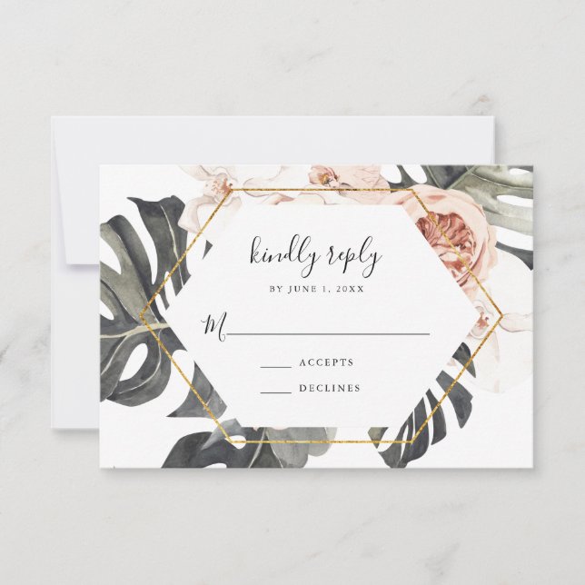 Tarjeta de respuesta de boda con marco dorado flor (Anverso)