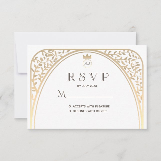 Tarjeta de respuesta de boda con monograma de oro  (Anverso)