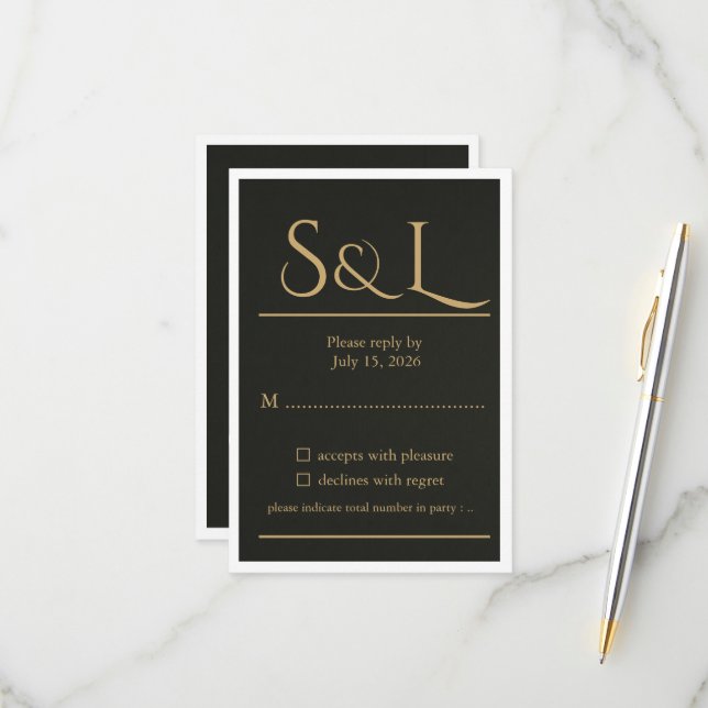 Tarjeta de respuesta de boda con monograma de oro  (Anverso/Reverso In Situ)