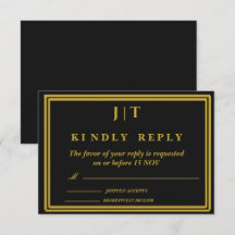 Tarjeta de respuesta de boda con monograma negro y