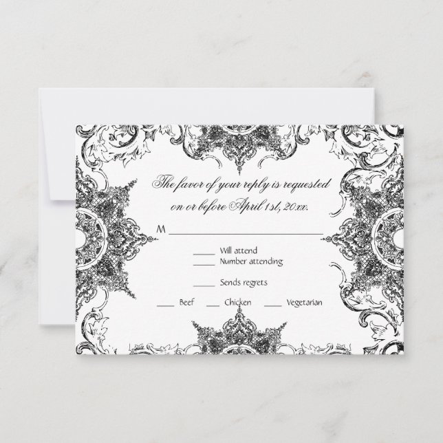 Tarjeta de respuesta de boda con remolino de damas (Anverso)