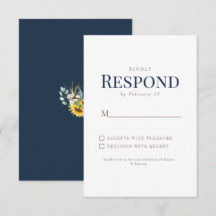 Tarjeta de respuesta de boda con texto dorado y az