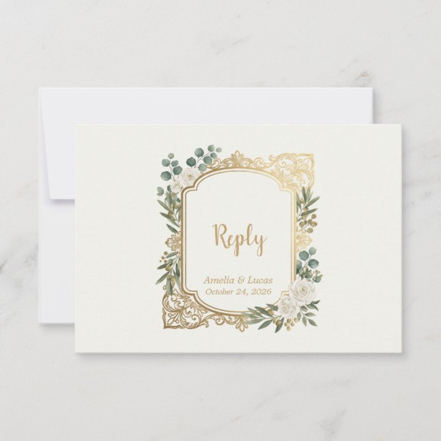 Tarjeta de respuesta de boda con vegetación dorada (Anverso)
