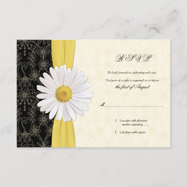 Tarjeta de respuesta de boda Daisy negra amarilla, (Anverso)