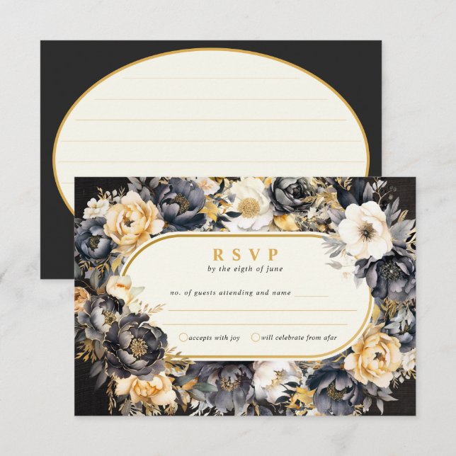 Tarjeta de respuesta de Boda de Black Peonies Boar (Anverso / Reverso)