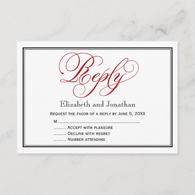 Tarjeta de respuesta de boda de caligrafía roja, n (Anverso)