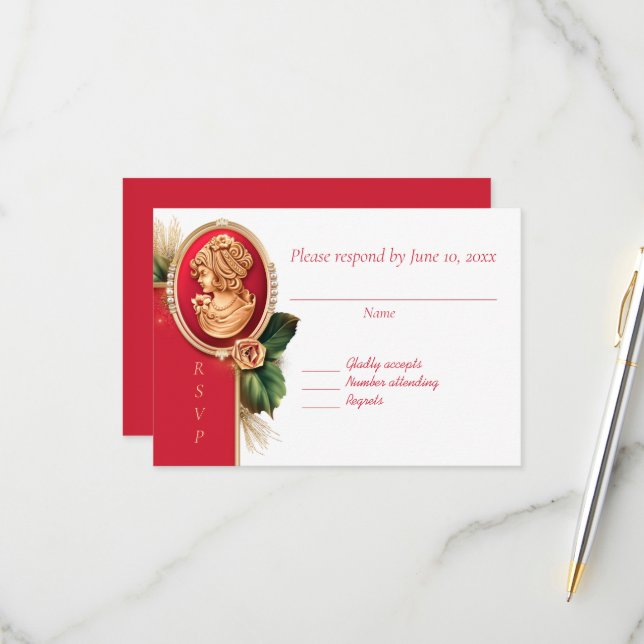 Tarjeta de respuesta de boda de camafeo rojo y dor (Anverso/Reverso In Situ)