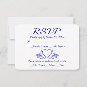 Tarjeta de respuesta de boda de corazón RSVP azul
