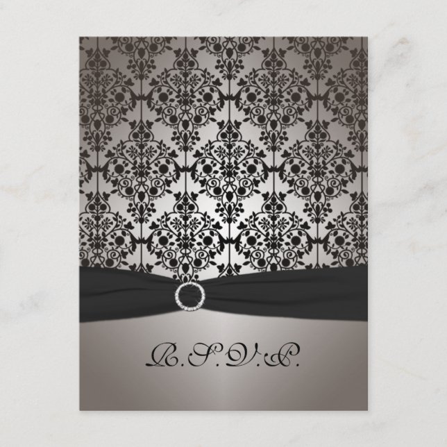 Tarjeta de respuesta de boda de damasco gris y neg (Anverso)