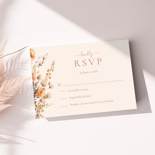 Tarjeta de Respuesta de Boda de Flores Silvestres  (Boho Terracotta Wildflowers Wedding RSVP Card on a sunny table with dry botanicals)