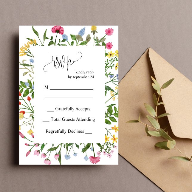 Tarjeta de Respuesta de Boda de Flores Silvestres  (Modern colorful wildflower RSVP card makes guest responses easy with cheerful style)