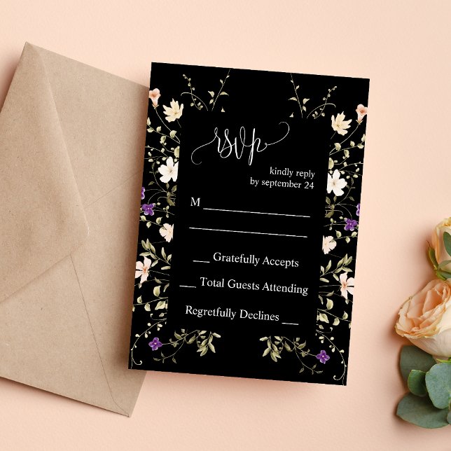 Tarjeta de Respuesta de Boda de Flores Silvestres  (Elegant black wildflowers wedding RSVP card makes guest responses simple with timeless charm)
