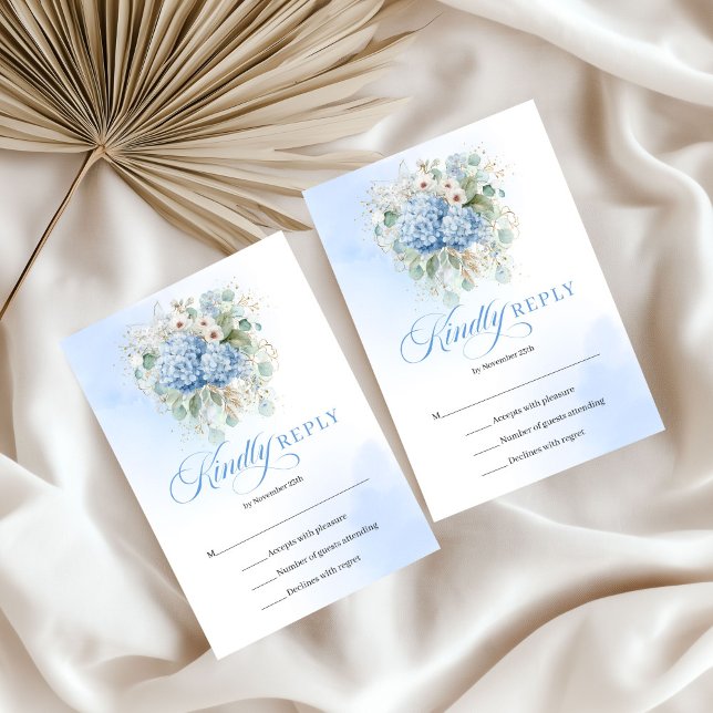 Tarjeta de respuesta de boda de flores verdes azul (Elegant Blue Floral Greenery Wedding RSVP Card)