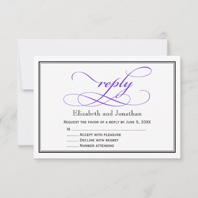 Tarjeta de respuesta de Boda de guiones morados y  (Anverso)