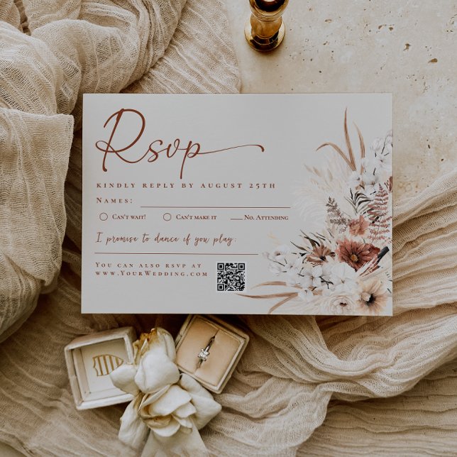 Tarjeta de respuesta de boda de hierba de Pampas b (Boho Floral Beige Pampas Grass Wedding RSVP Card)