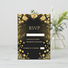 Tarjeta de respuesta de boda de lujo negra y dorad