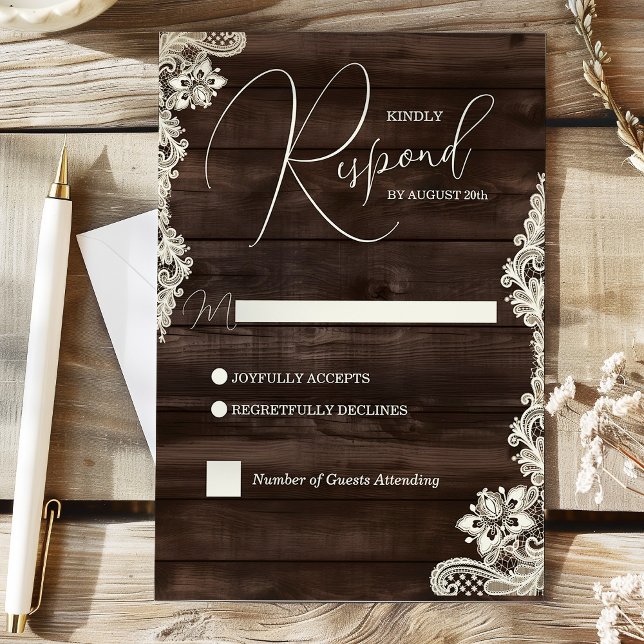 Tarjeta de respuesta de boda de madera oscura y en (Rustic Dark Wood and Lace Wedding Response Card)