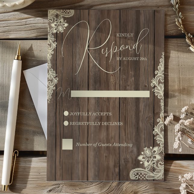 Tarjeta de respuesta de boda de madera rústica y e (Rustic Wood and Lace Wedding Response Card)