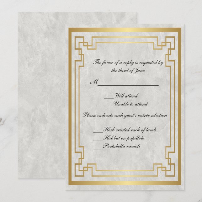 Tarjeta de respuesta de boda de mármol blanco con  (Anverso / Reverso)
