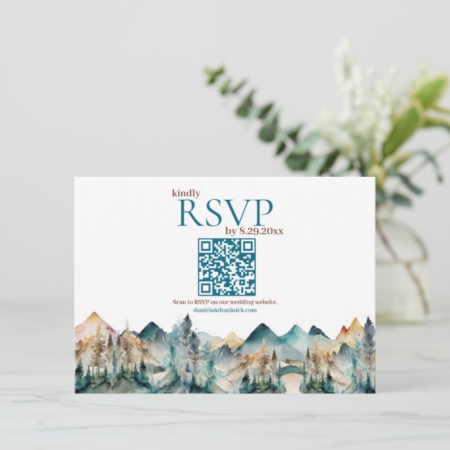 Tarjeta de respuesta de boda de montaña con código (Anverso de pie)