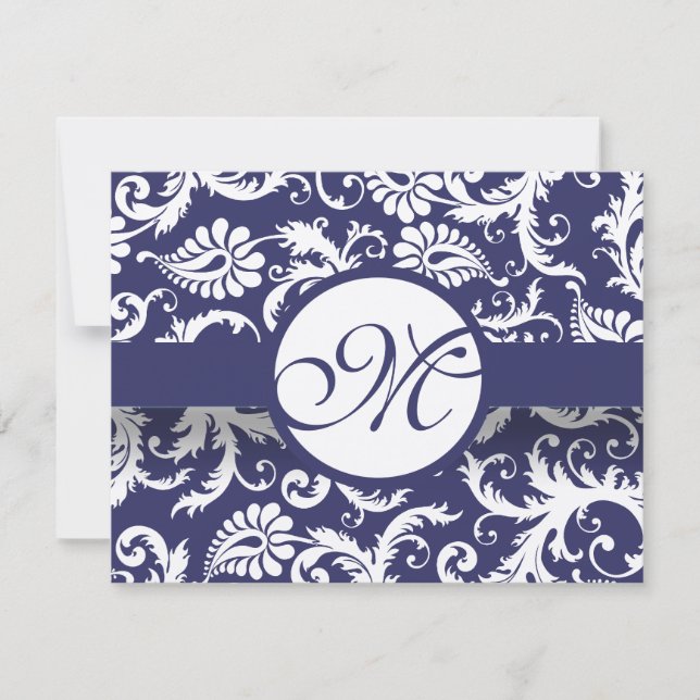 Tarjeta de respuesta de Boda de Navy Damask Swirls (Anverso)