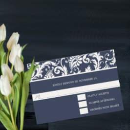 Tarjeta de respuesta de Boda de Navy Damask Swirls