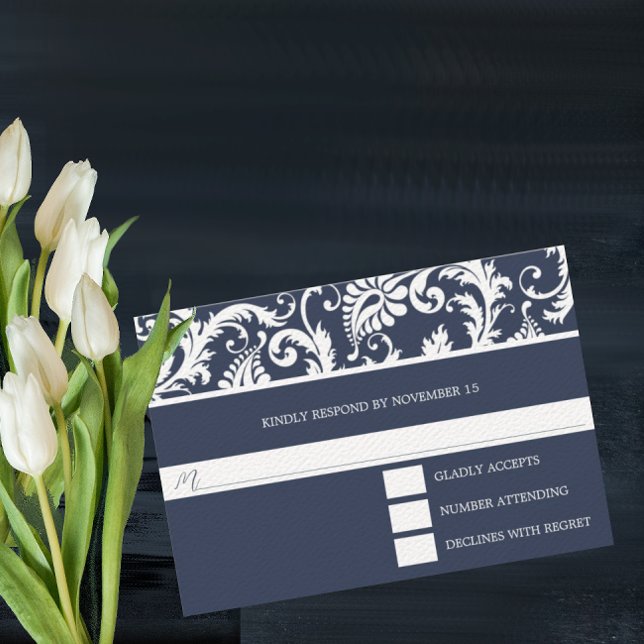 Tarjeta de respuesta de Boda de Navy Damask Swirls (Subido por el creador)