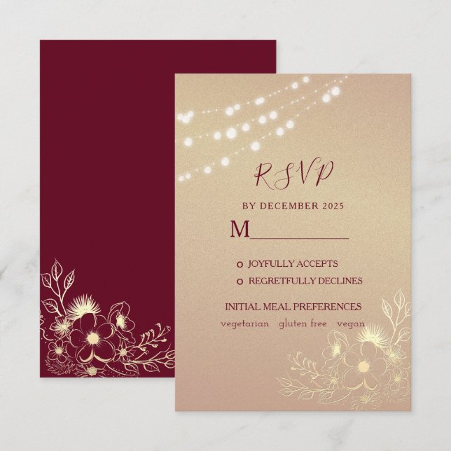 Tarjeta de respuesta de boda de oro rosa de Borgoñ (Anverso / Reverso)