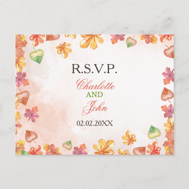 Tarjeta de respuesta de boda de otoño con hojas de (Anverso)