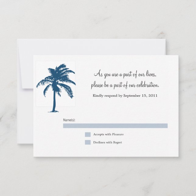 Tarjeta de respuesta de boda de palmera azul marin (Anverso)