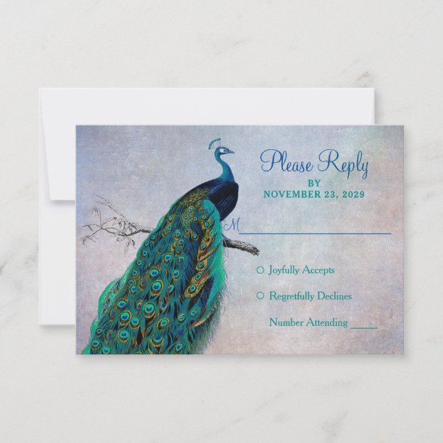 Tarjeta de respuesta de Boda de Peacock RSVP Azul  (Anverso)
