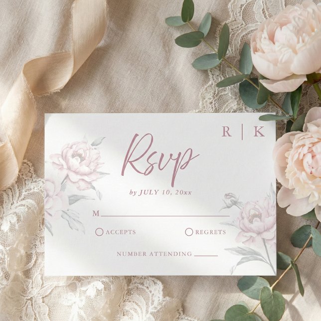 Tarjeta de respuesta de boda de peonía rosa polvor (personalized pink peony wedding rsvp card in modern script calligraphy style)