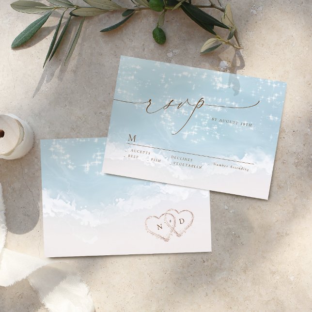 Tarjeta de respuesta de boda de playa con corazone (Modern Script Sand Hearts Beach Wedding RSVP Card)