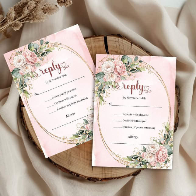 Tarjeta de respuesta de boda de rosa chic dorado e (Chic Rose Gold Eucalyptus Wedding RSVP Card)